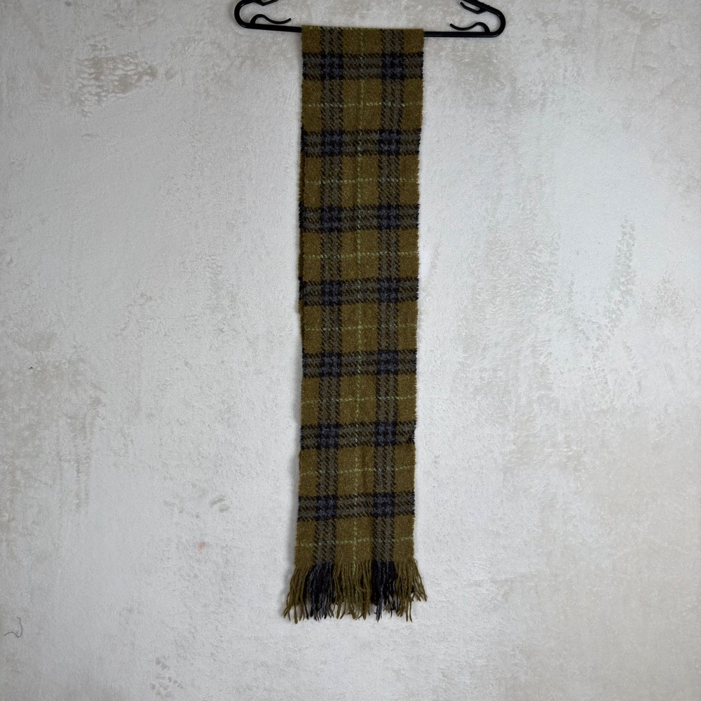 Burberry London Olive Green Plaid Merino Wool Angora Scarf Made in Scotland